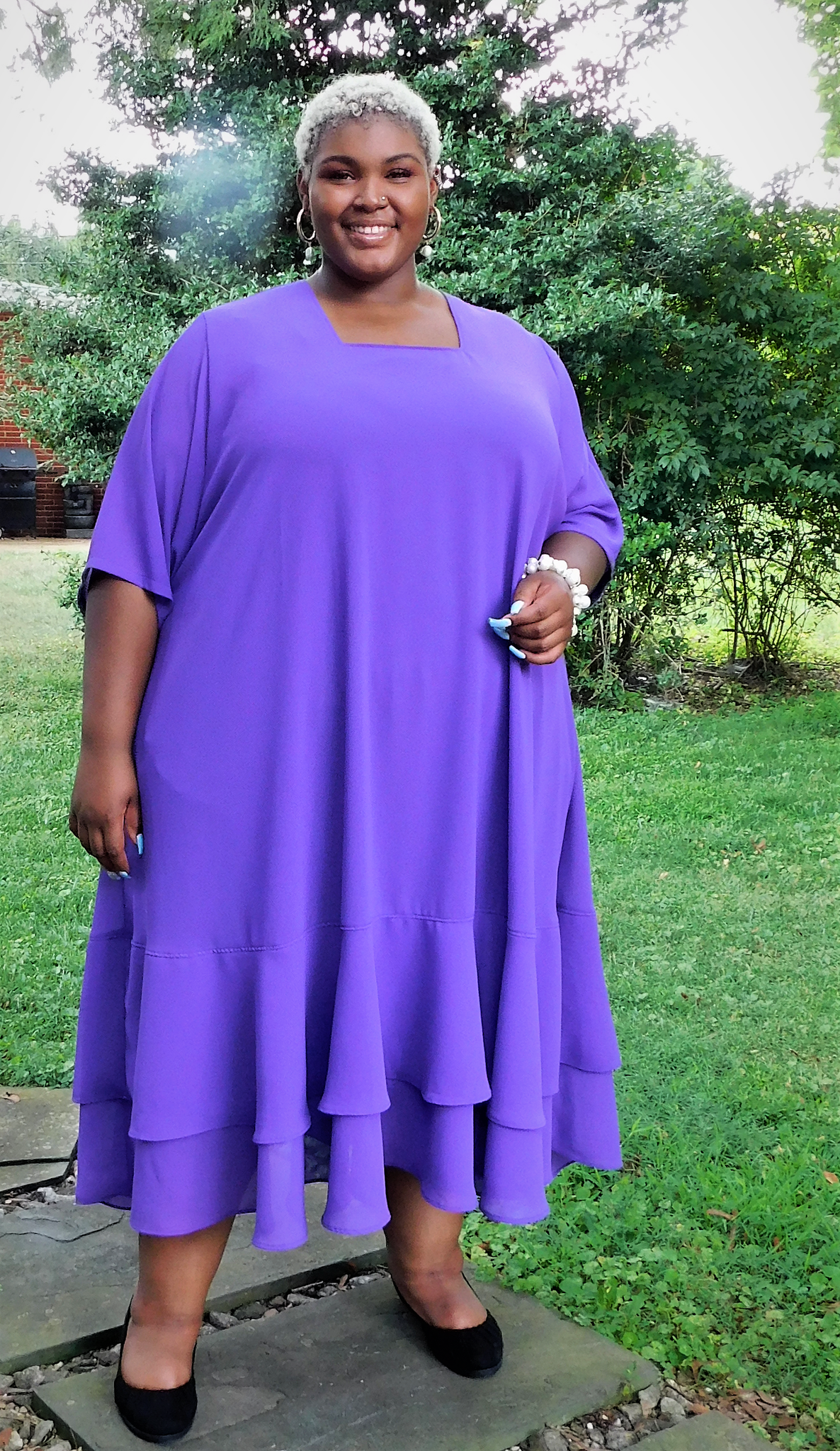 purple swing dress plus size Skelapparel Plus Size 60's Vintage Design Purple Satin Flare Swing Dress 22 (EU24) / Purple